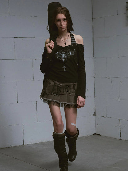 Lost Road Studded Punk Print Halter Top