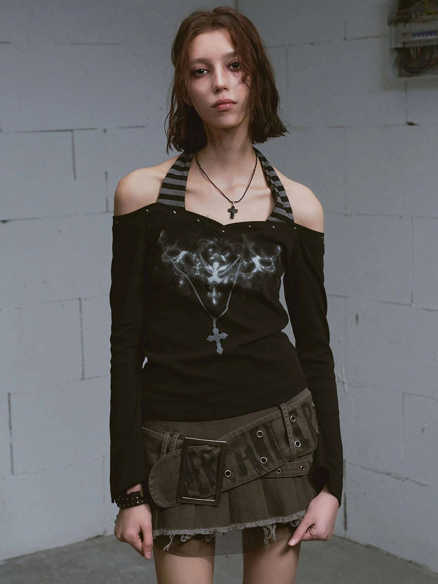 Lost Road Studded Punk Print Halter Top