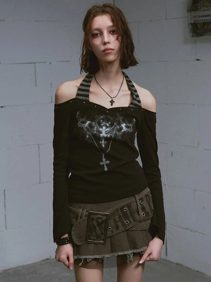 Lost Road Studded Punk Print Halter Top