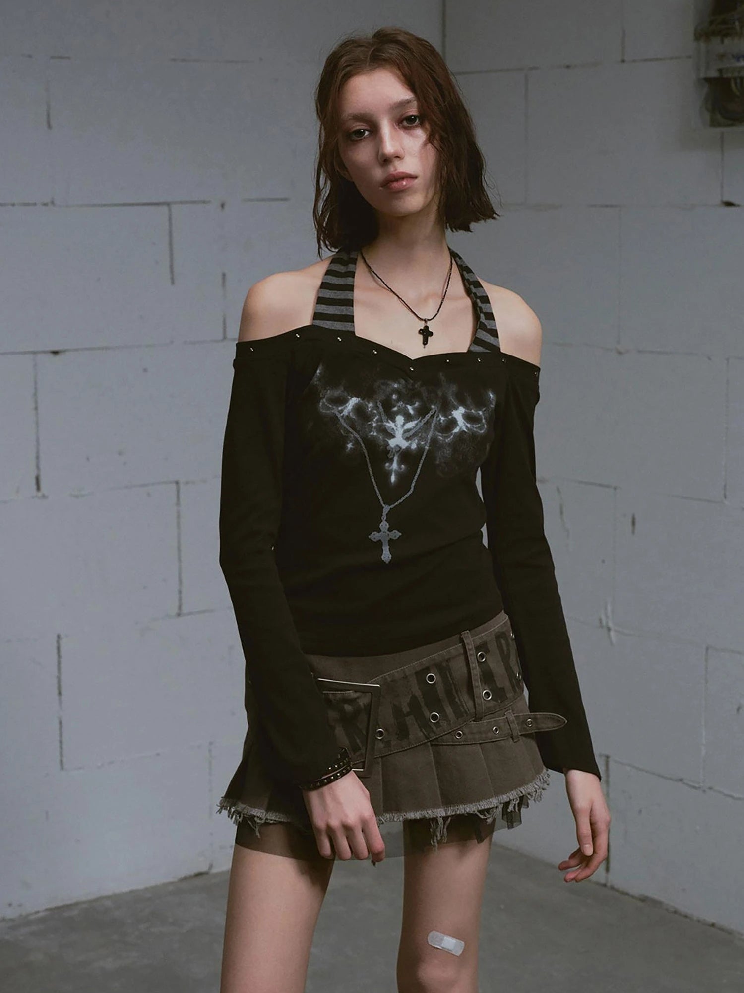 Lost Road Studded Punk Print Halter Top