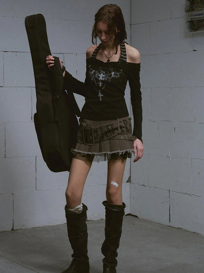 Lost Road Studded Punk Print Halter Top