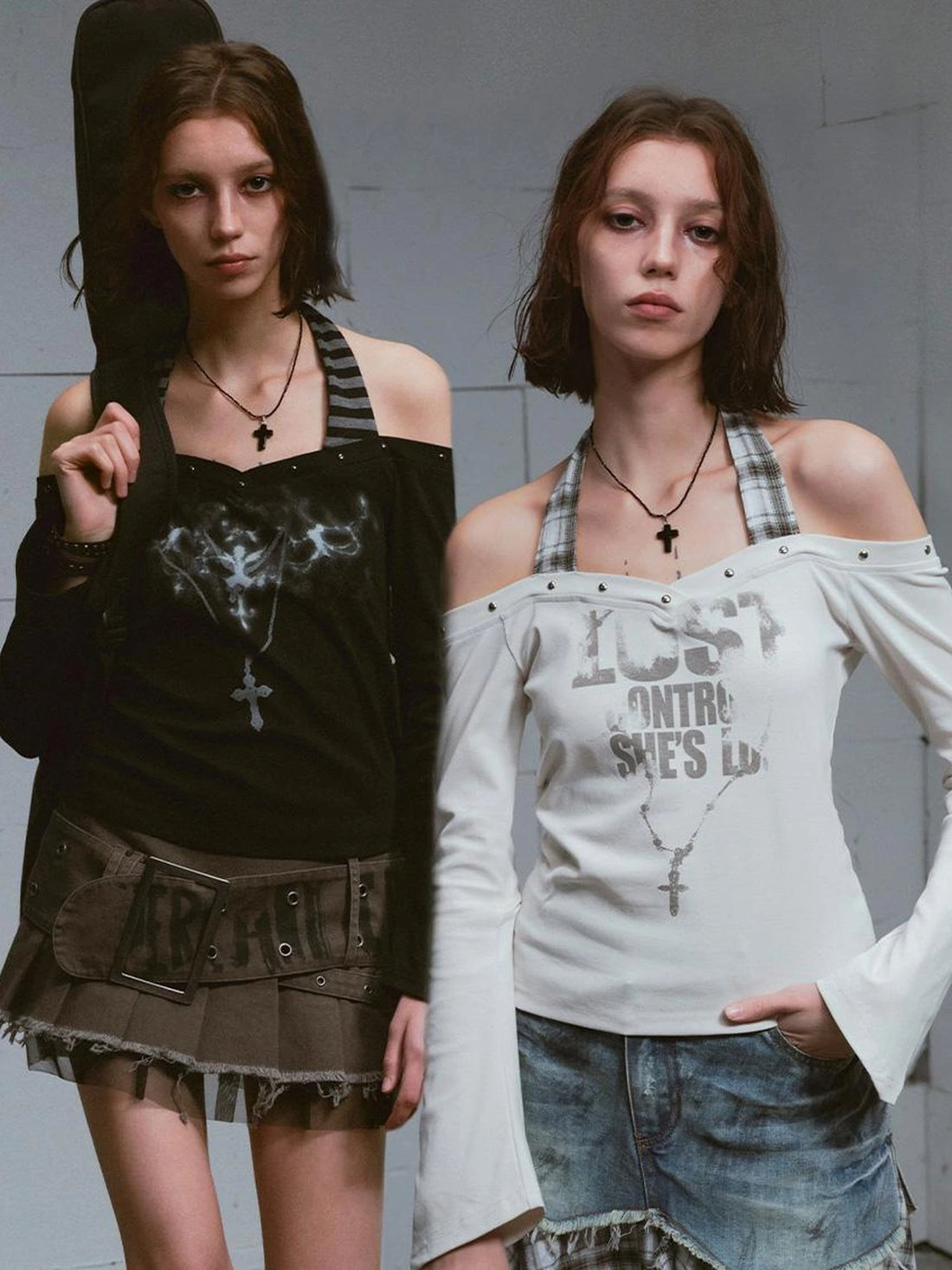 Lost Road Studded Punk Print Halter Top