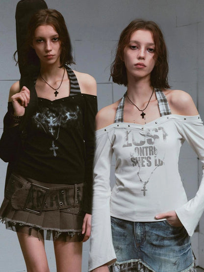 Lost Road Studded Punk Print Halter Top