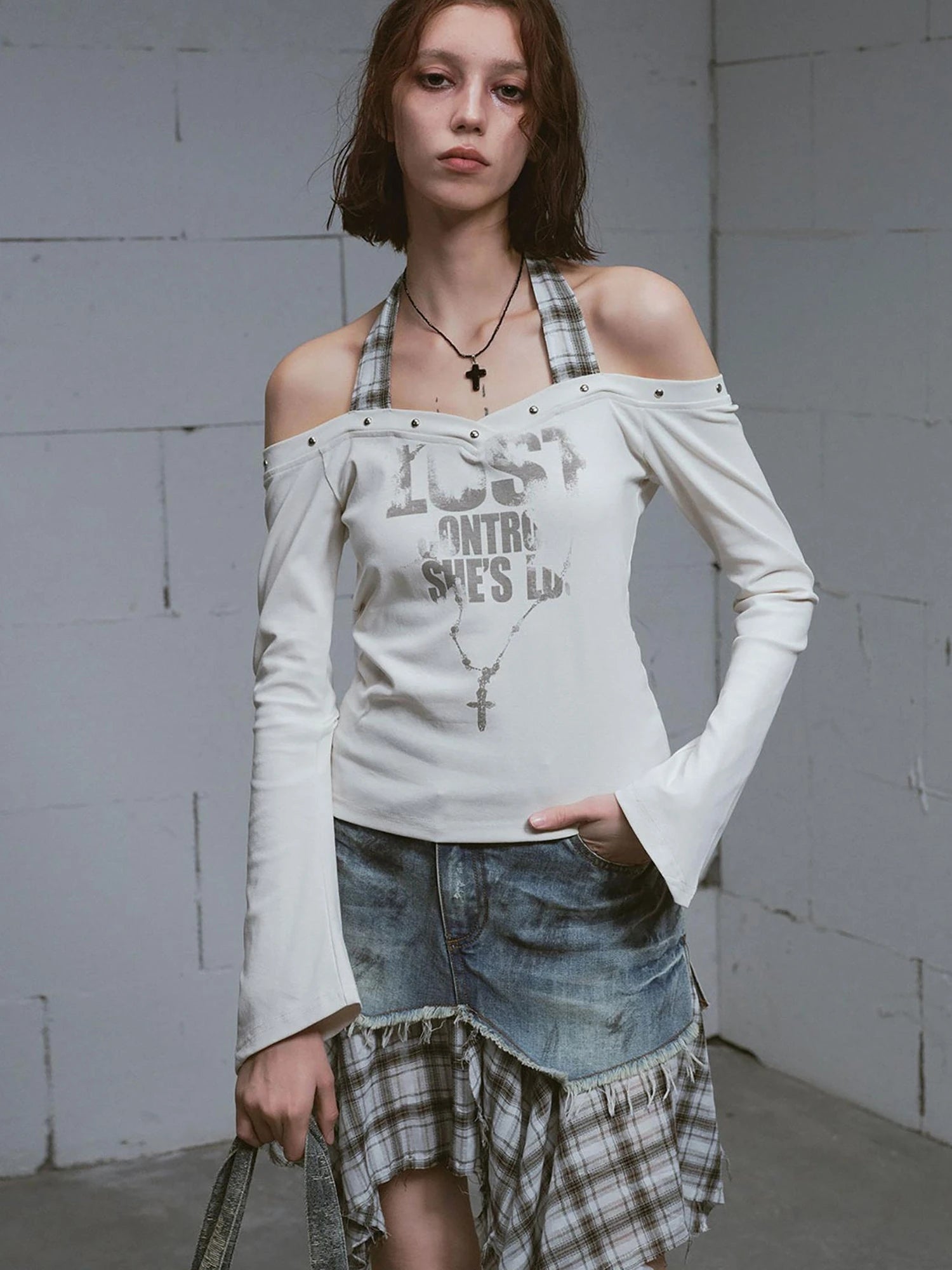 Lost Road Studded Punk Print Halter Top