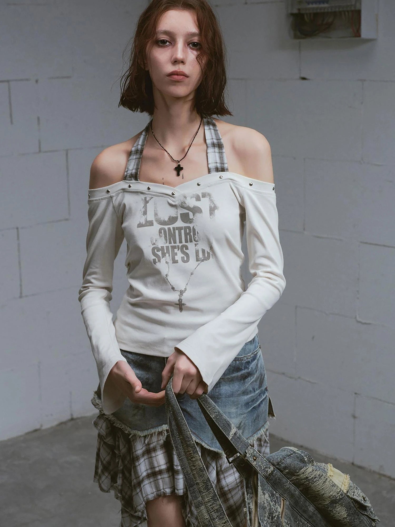 Lost Road Studded Punk Print Halter Top