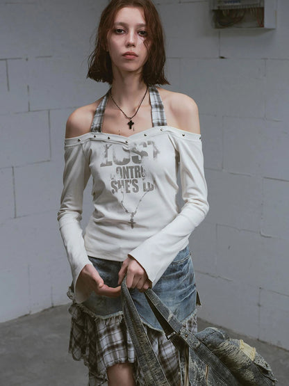 Lost Road Studded Punk Print Halter Top