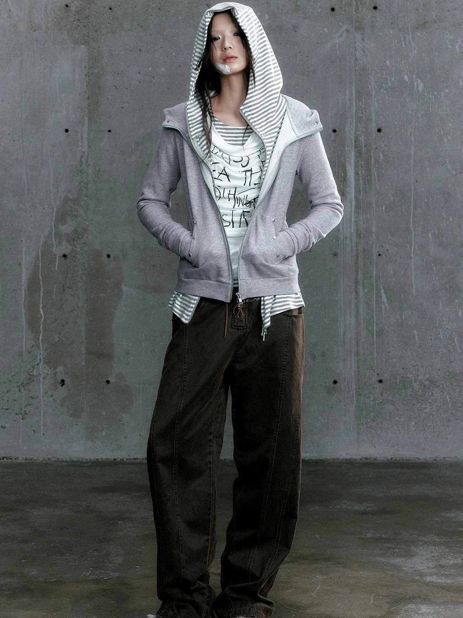 Low Waist Wide Leg Belted Patchwork Denim Pants