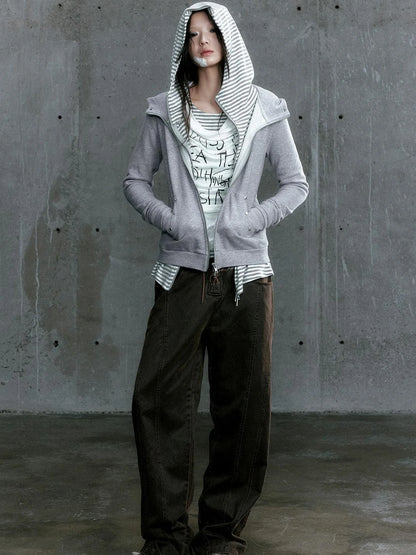 Low Waist Wide Leg Belted Patchwork Denim Pants