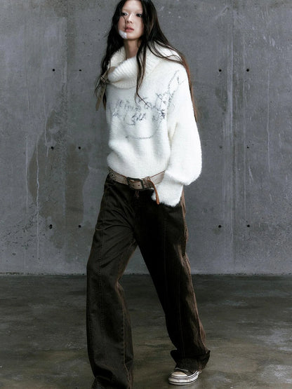 Low Waist Wide Leg Belted Patchwork Denim Pants