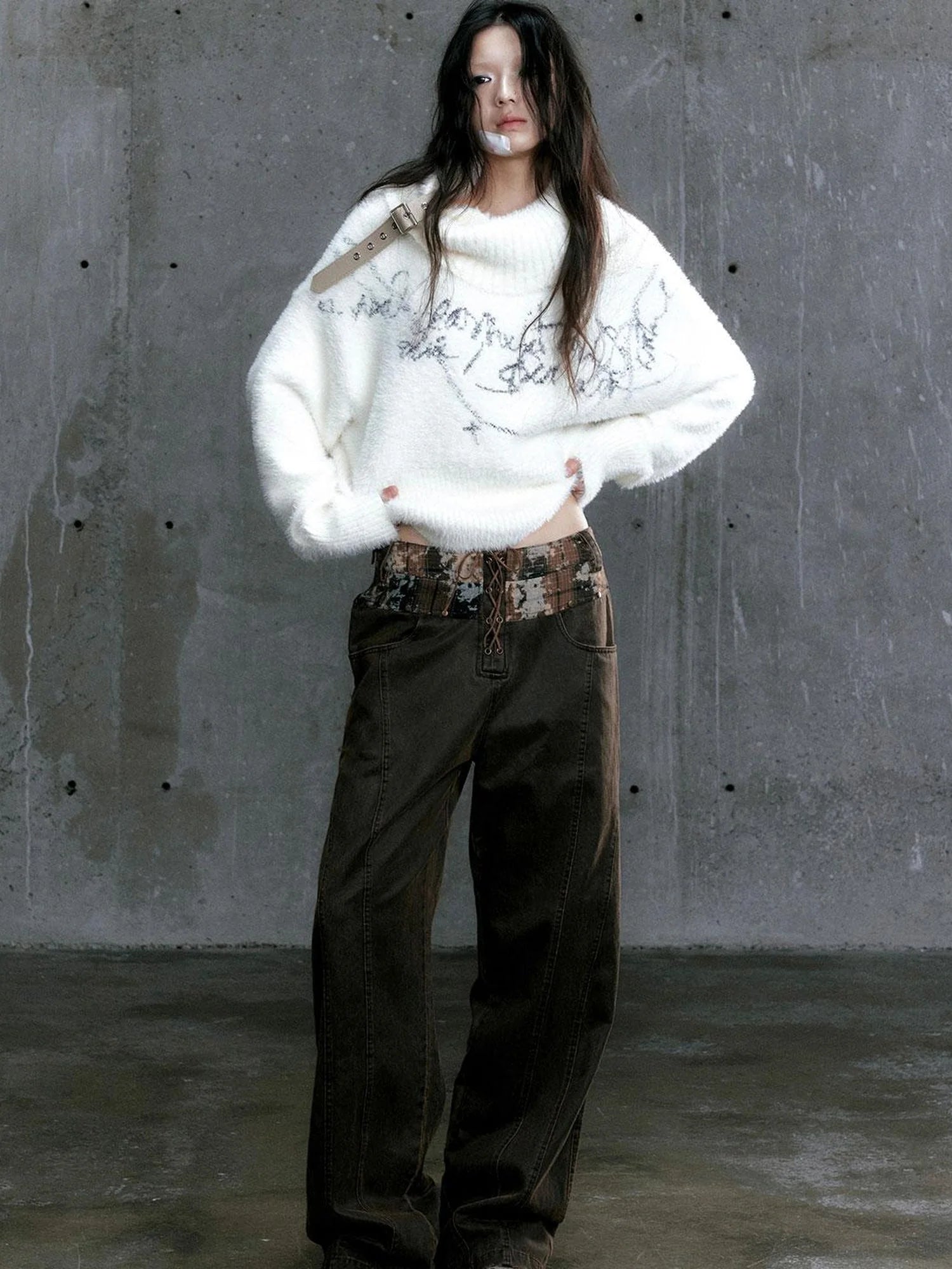 Low Waist Wide Leg Belted Patchwork Denim Pants