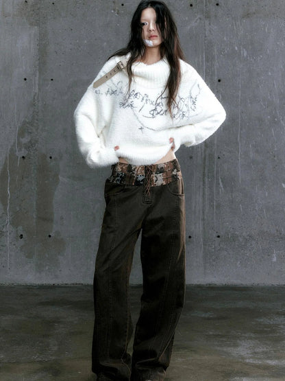 Low Waist Wide Leg Belted Patchwork Denim Pants