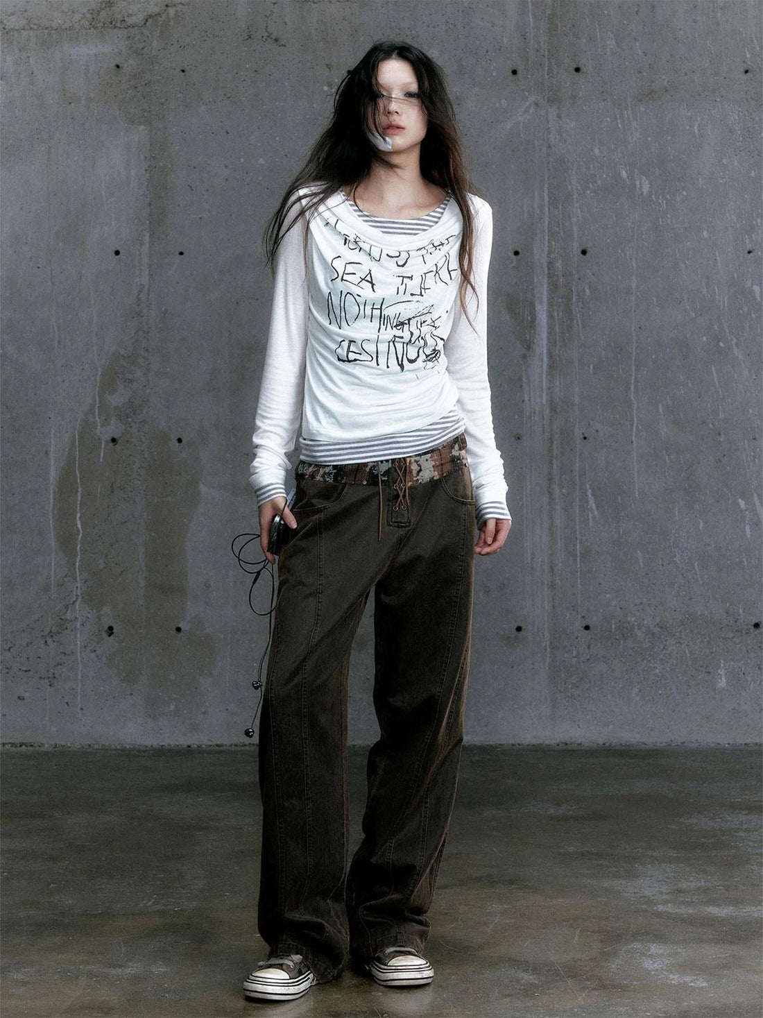 Low Waist Wide Leg Belted Patchwork Denim Pants