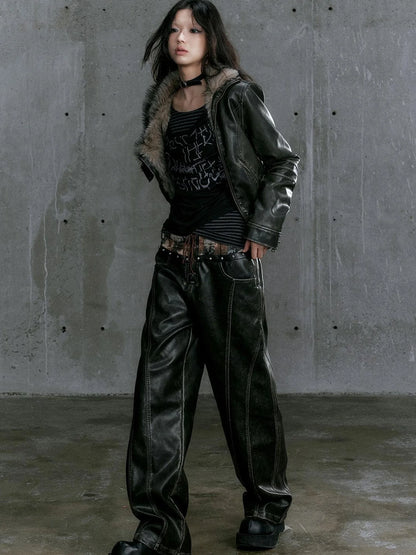 Low Waist Wide Leg Belted Patchwork Denim Pants