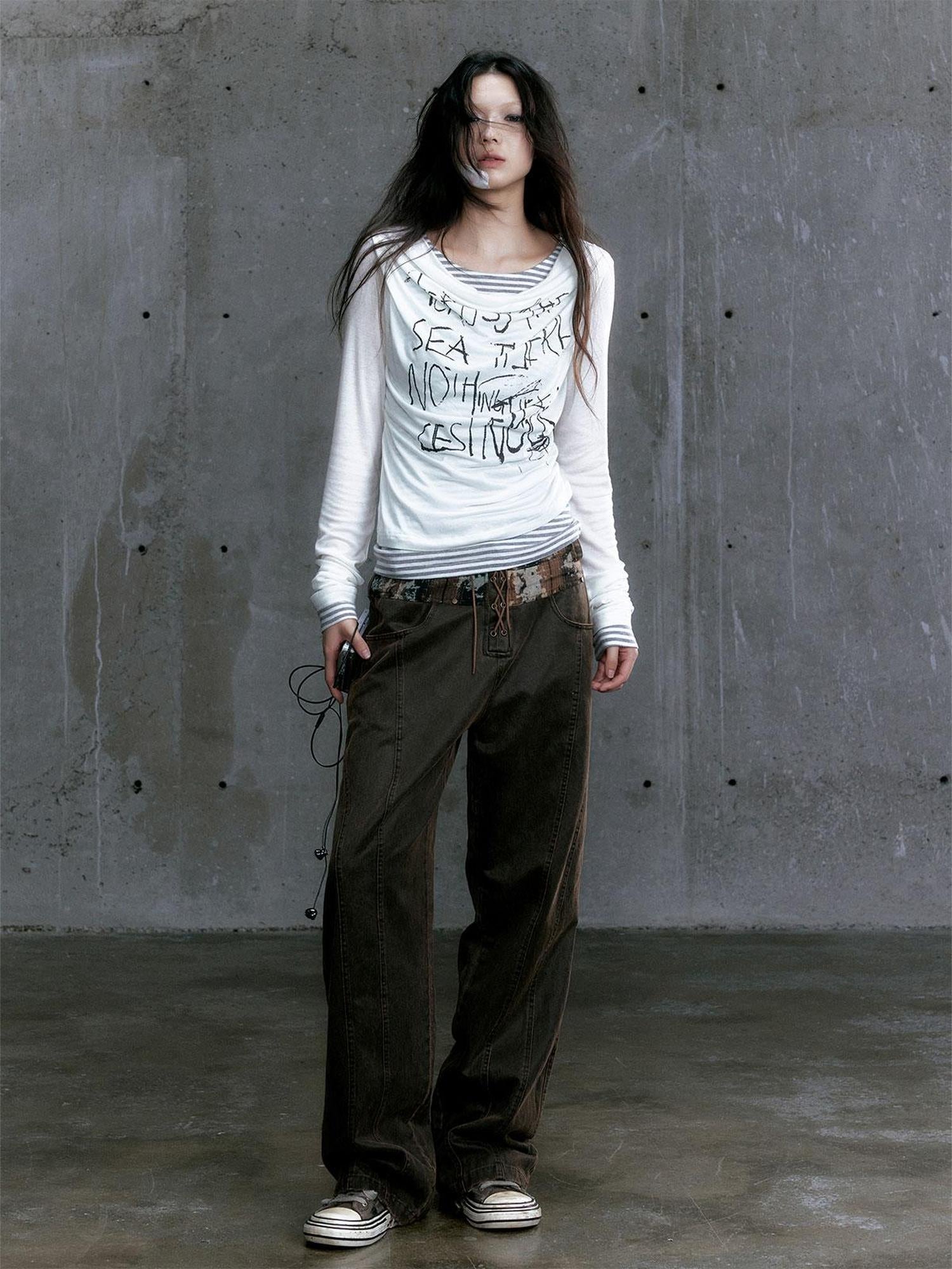 Update c Low Waist Wide Leg Belted Patchwork Denim Pants