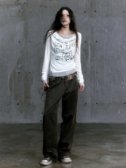 Update c Low Waist Wide Leg Belted Patchwork Denim Pants