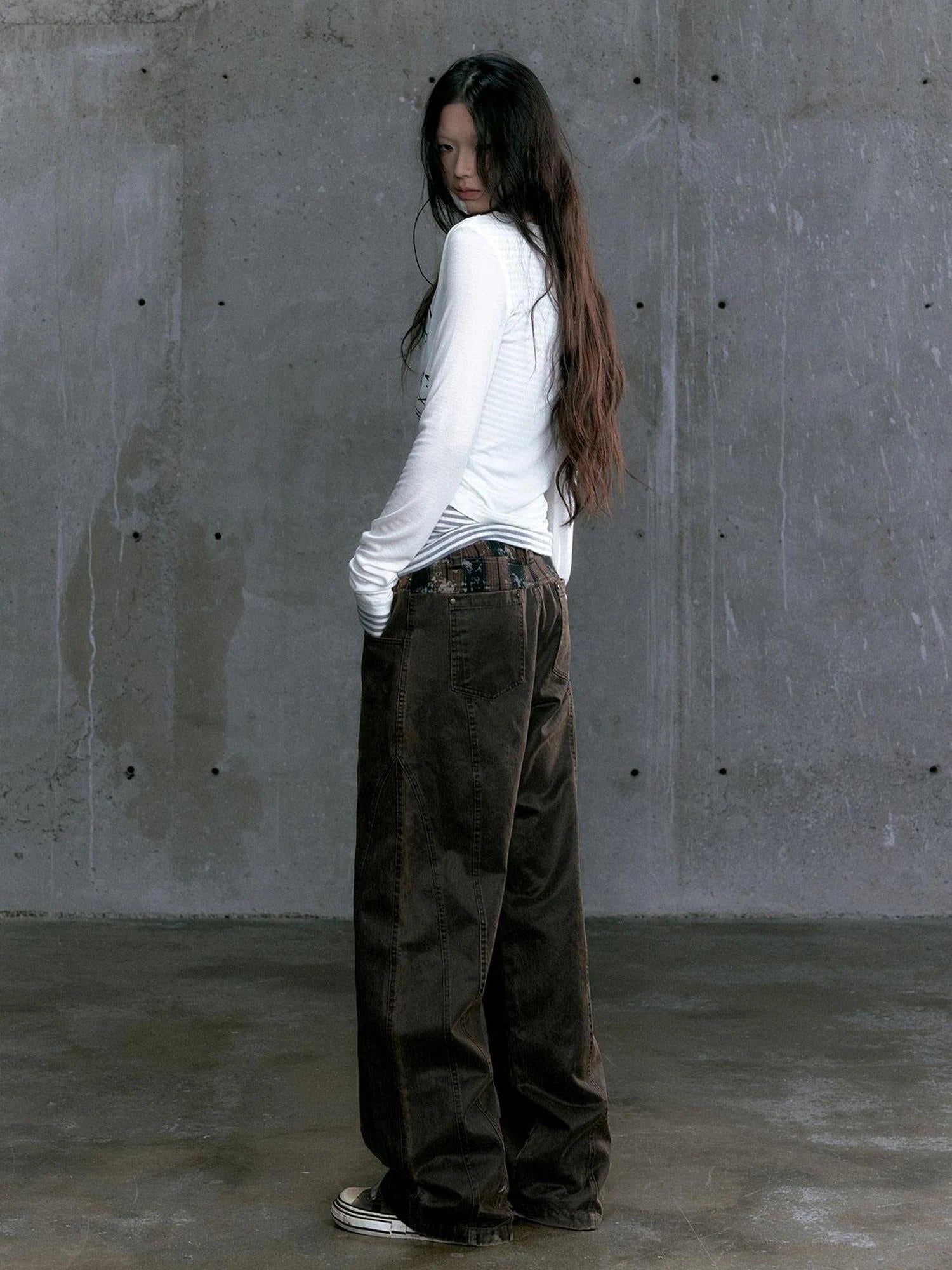 Low Waist Wide Leg Belted Patchwork Denim Pants