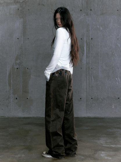 Update c Low Waist Wide Leg Belted Patchwork Denim Pants