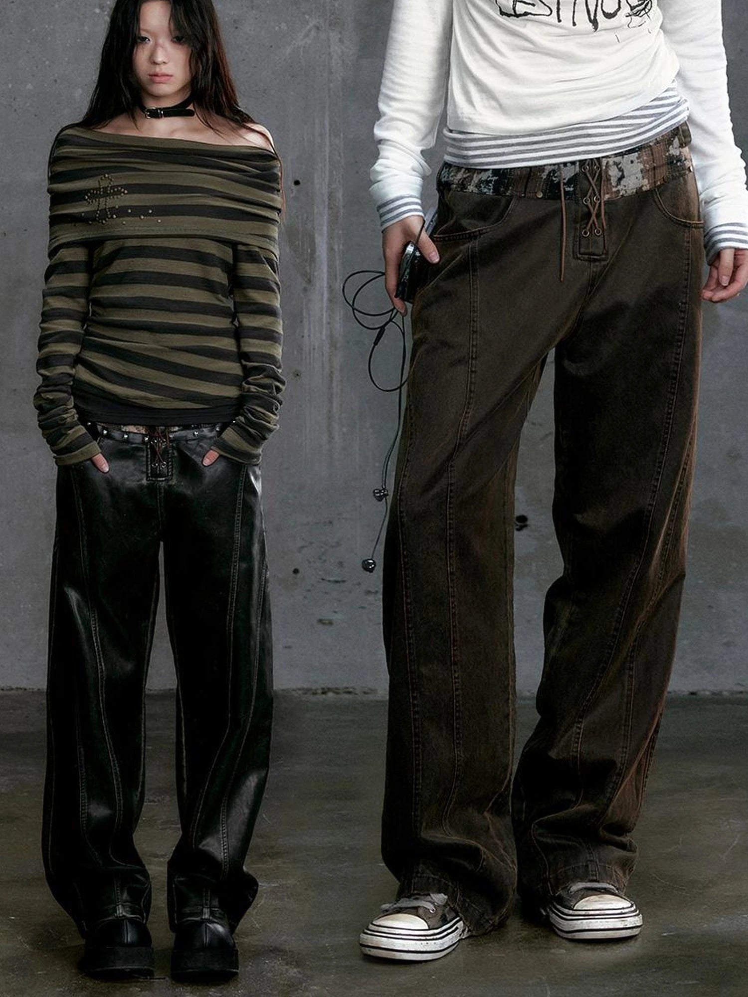 Low Waist Wide Leg Belted Patchwork Denim Pants