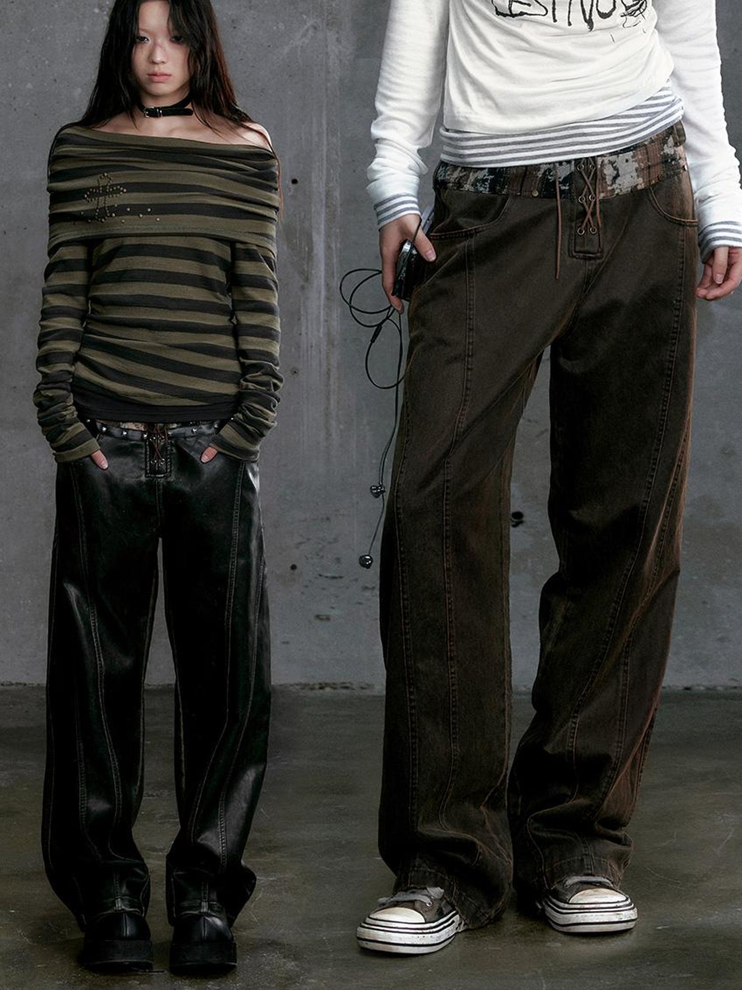 Update c Low Waist Wide Leg Belted Patchwork Denim Pants