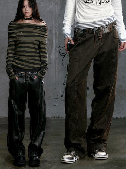 Update c Low Waist Wide Leg Belted Patchwork Denim Pants