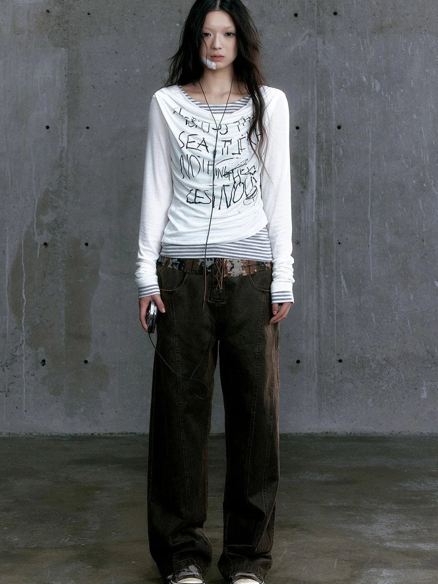 Low Waist Wide Leg Belted Patchwork Denim Pants