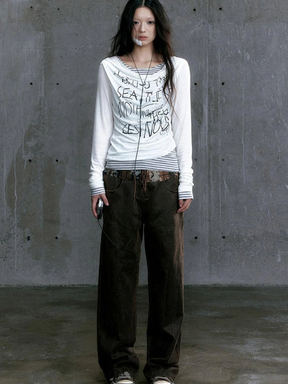 Low Waist Wide Leg Belted Patchwork Denim Pants