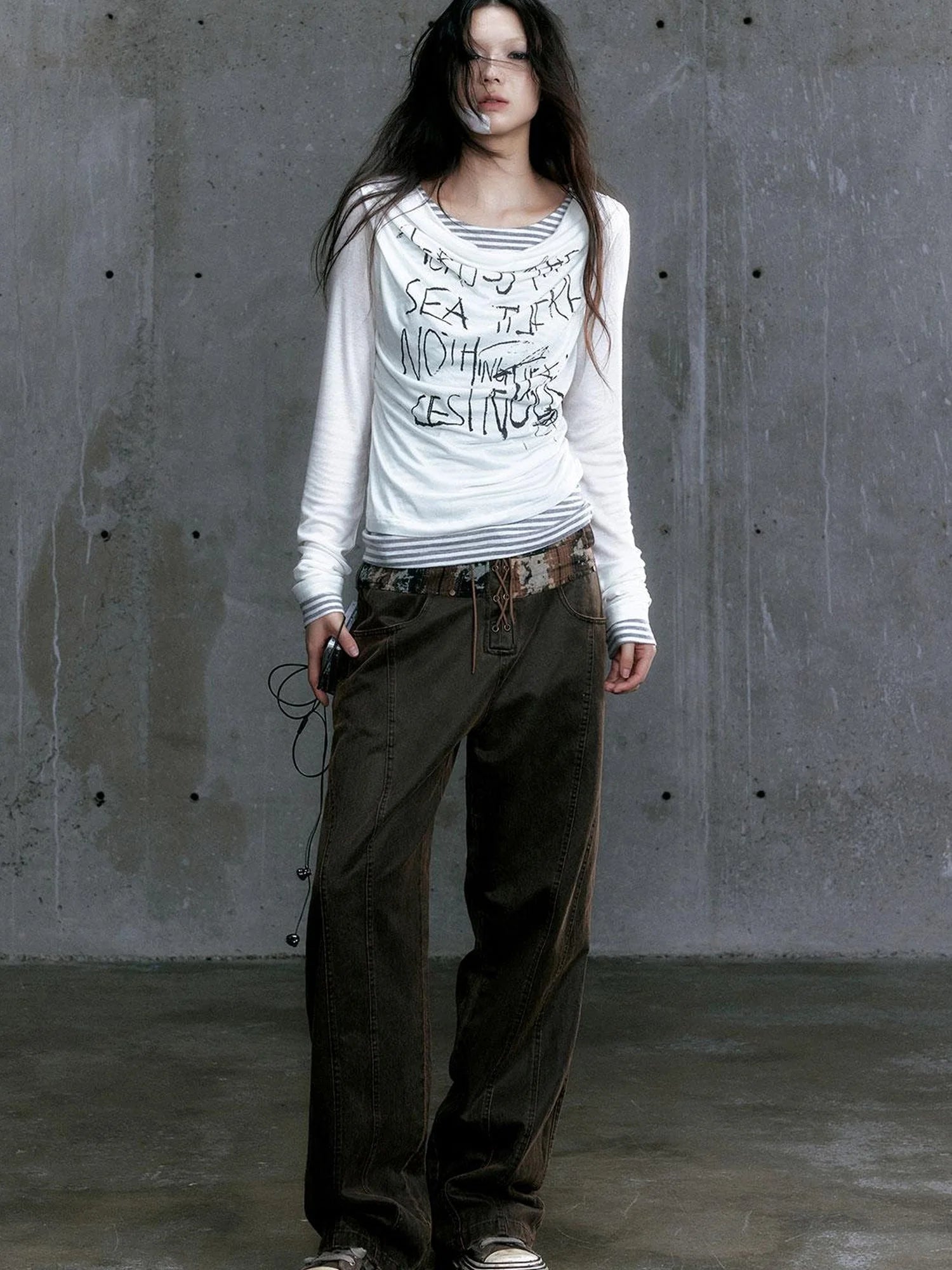 Low Waist Wide Leg Belted Patchwork Denim Pants