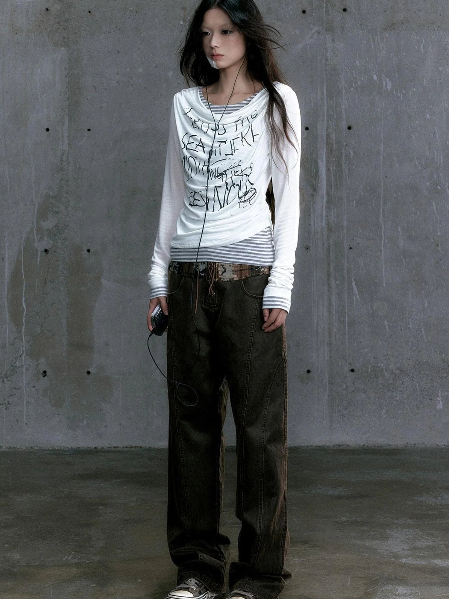 Low Waist Wide Leg Belted Patchwork Denim Pants