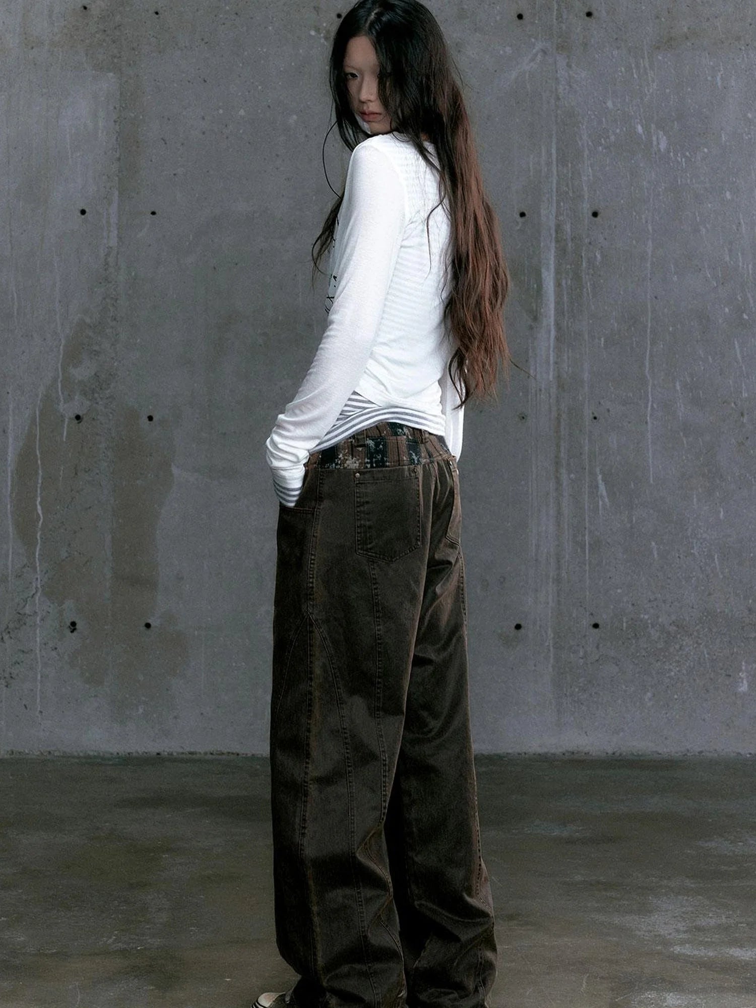 Low Waist Wide Leg Belted Patchwork Denim Pants