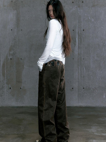Update c Low Waist Wide Leg Belted Patchwork Denim Pants