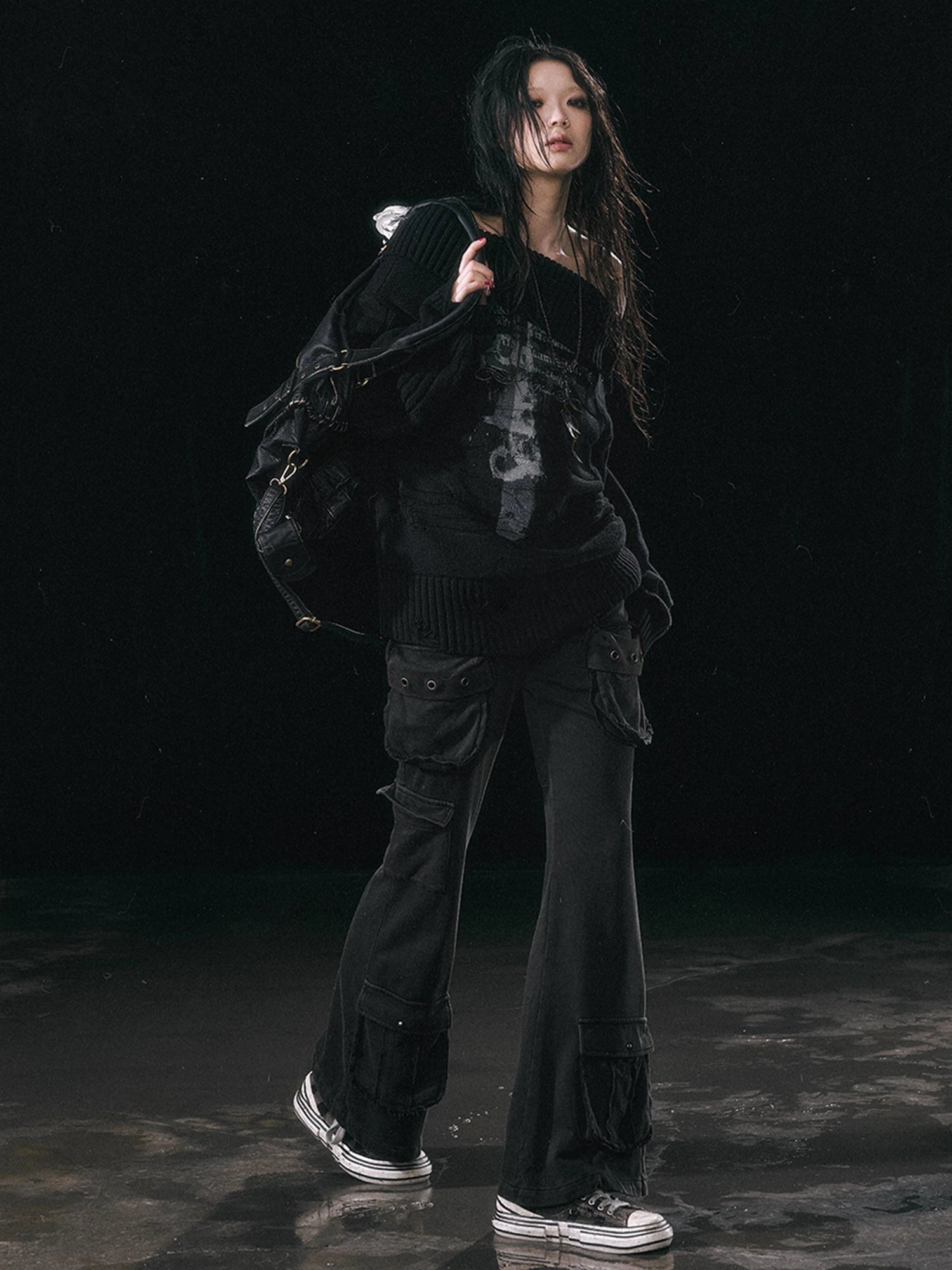 Military Knit Cargo Pants With Wide Waistband