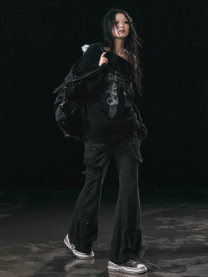 Military Knit Cargo Pants With Wide Waistband