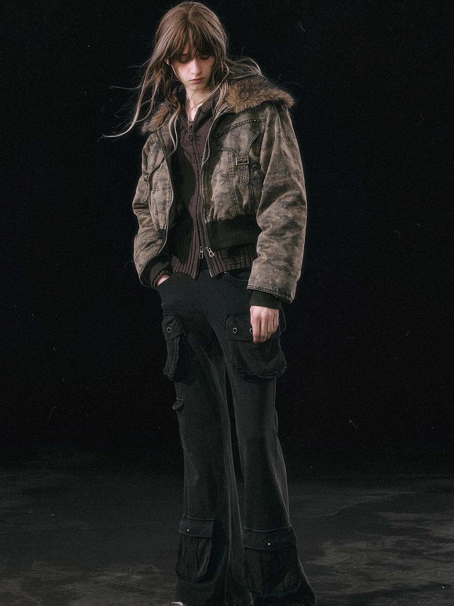 Military Knit Cargo Pants With Wide Waistband