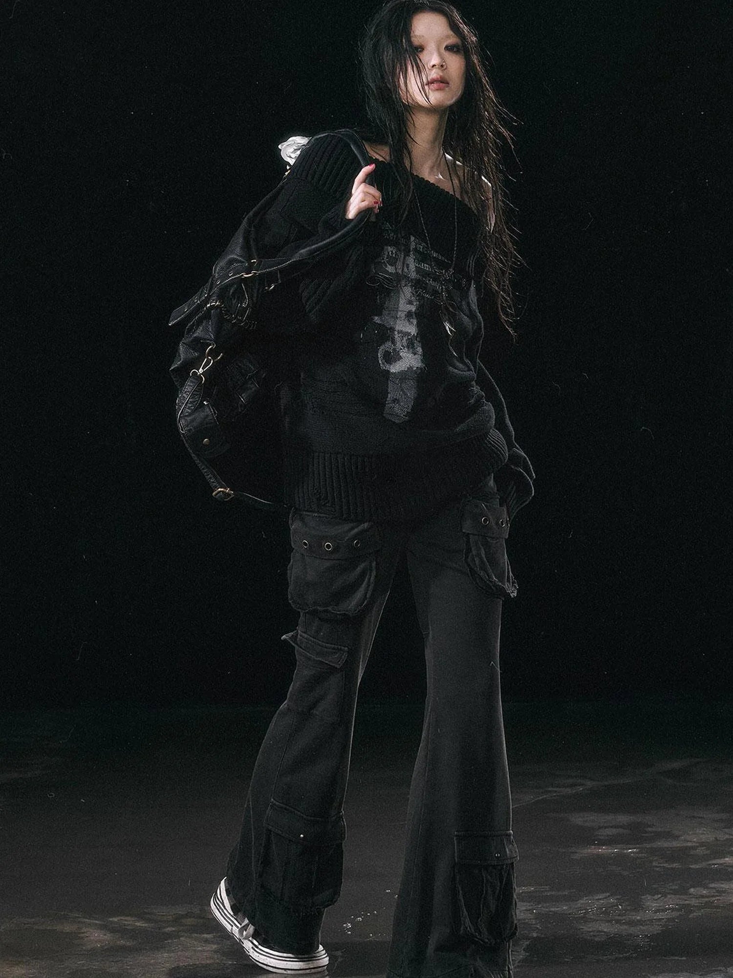 Military Knit Cargo Pants With Wide Waistband