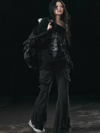 Military Knit Cargo Pants With Wide Waistband