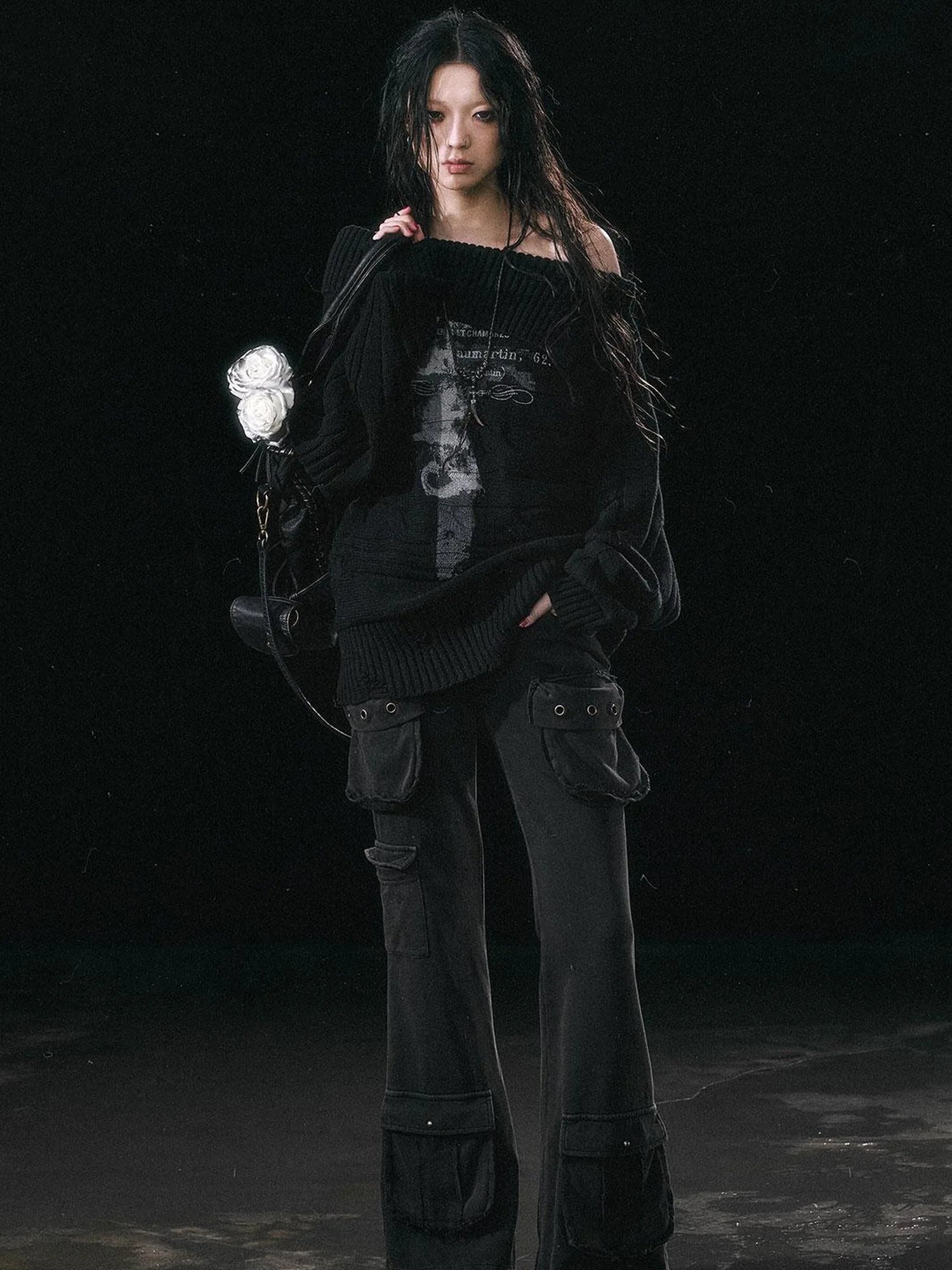 Military Knit Cargo Pants With Wide Waistband