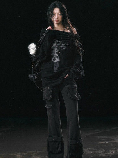 Military Knit Cargo Pants With Wide Waistband