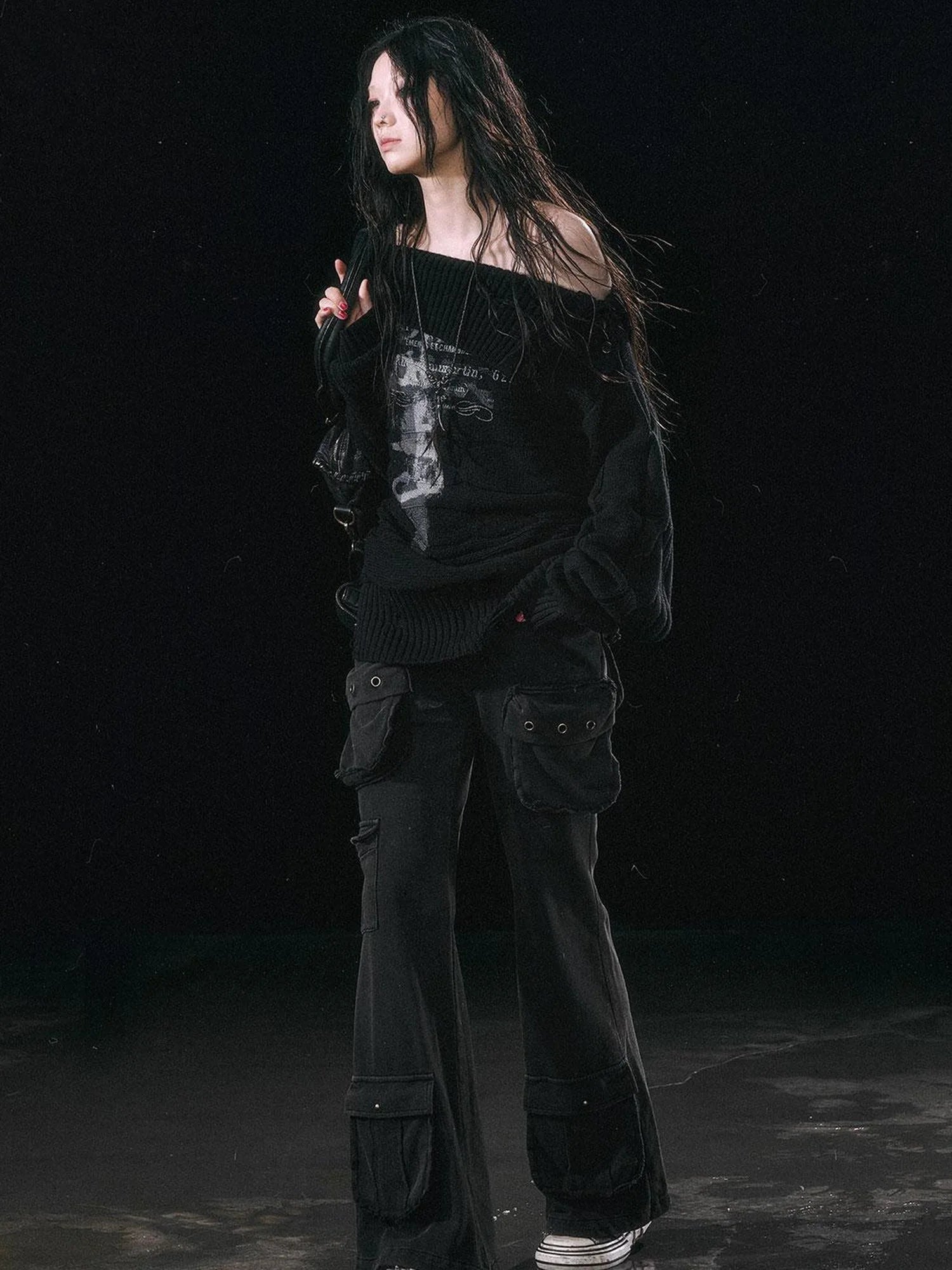 Military Knit Cargo Pants With Wide Waistband