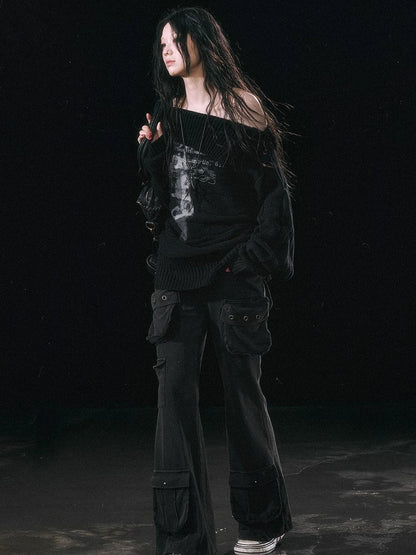 Military Knit Cargo Pants With Wide Waistband