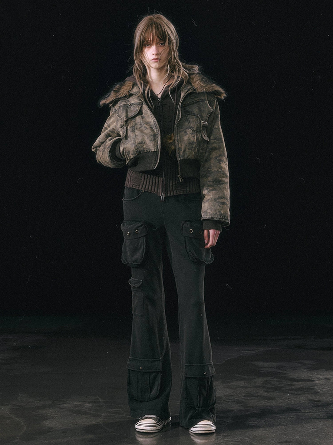 Military Knit Cargo Pants With Wide Waistband