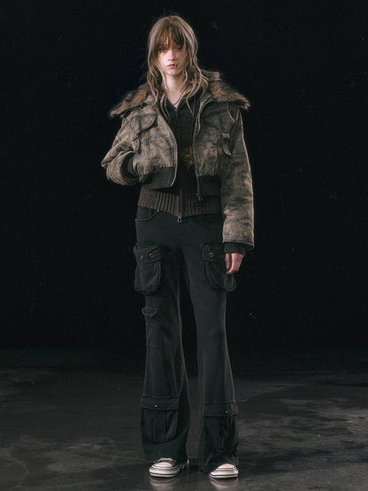 Military Knit Cargo Pants With Wide Waistband