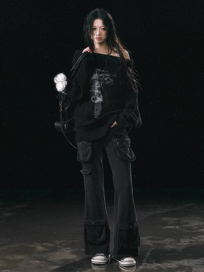 Military Knit Cargo Pants With Wide Waistband