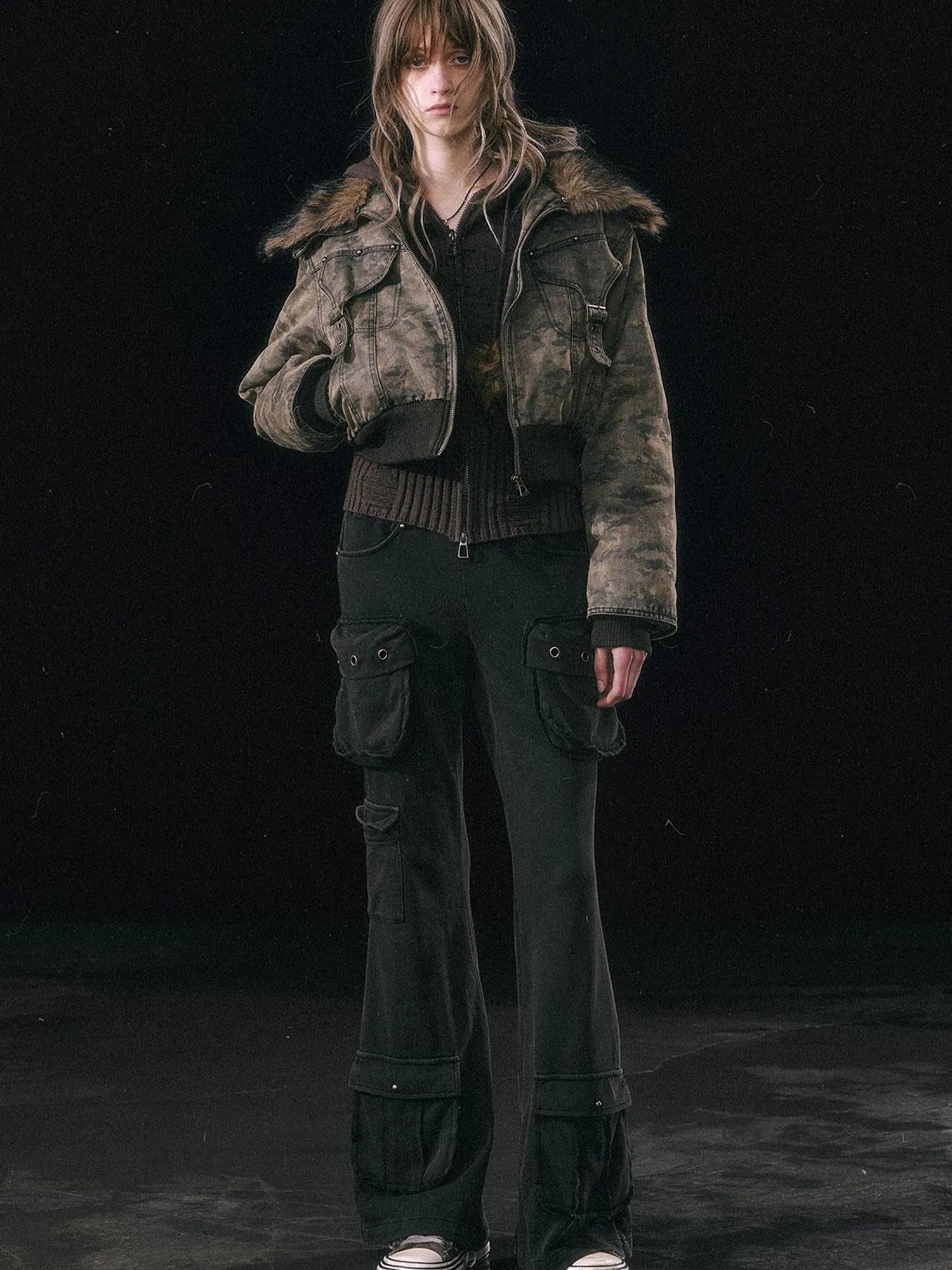 Military Knit Cargo Pants With Wide Waistband