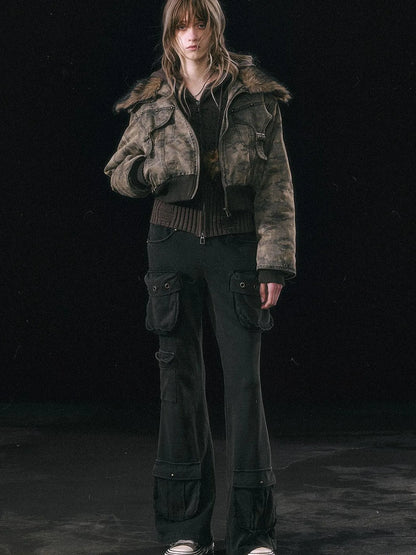 Military Knit Cargo Pants With Wide Waistband