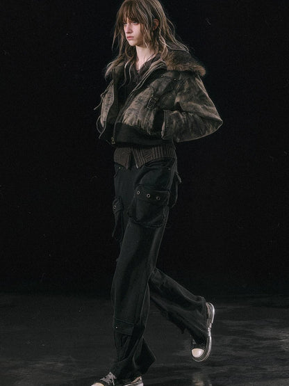 Military Knit Cargo Pants With Wide Waistband