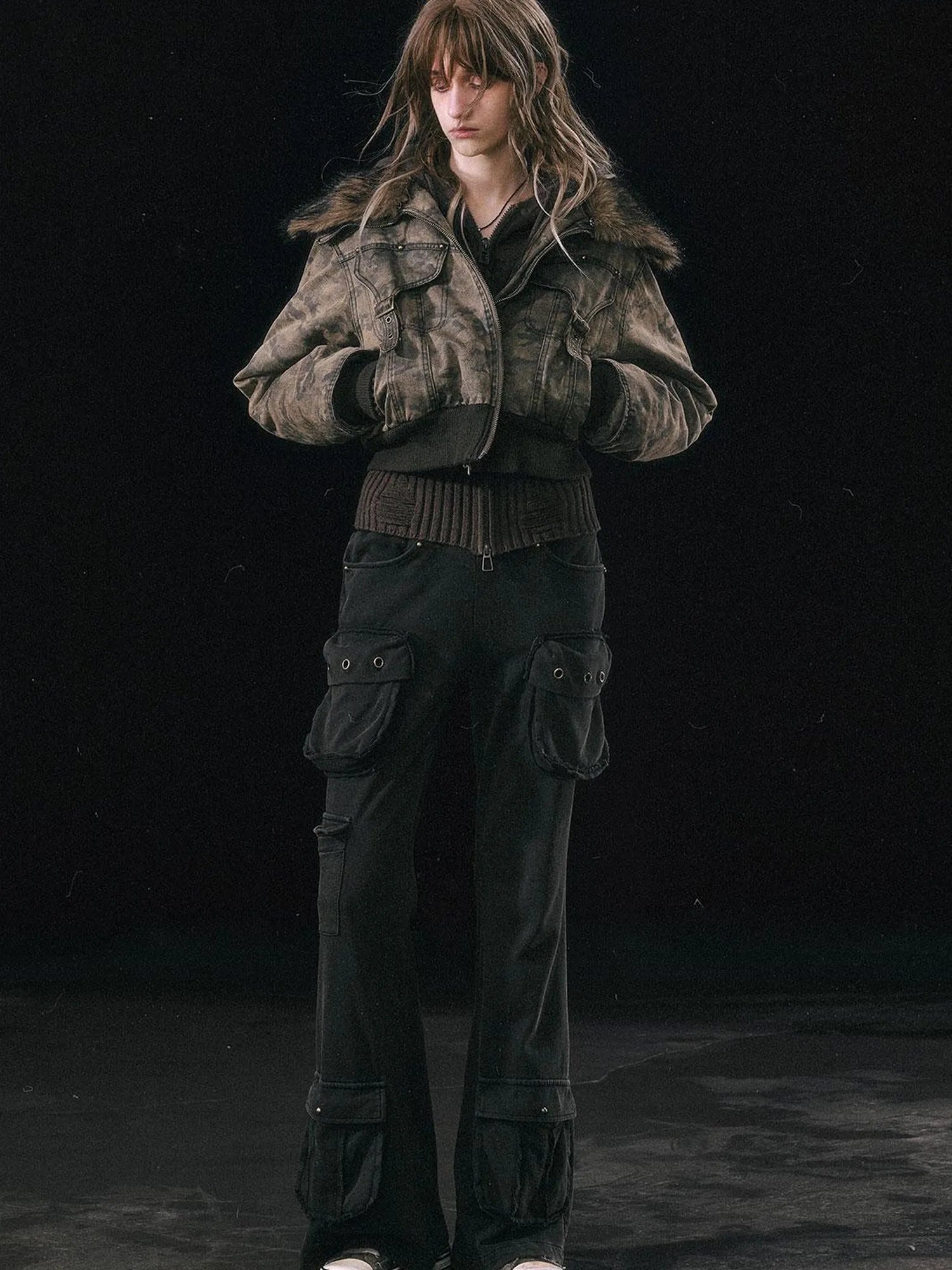 Military Knit Cargo Pants With Wide Waistband