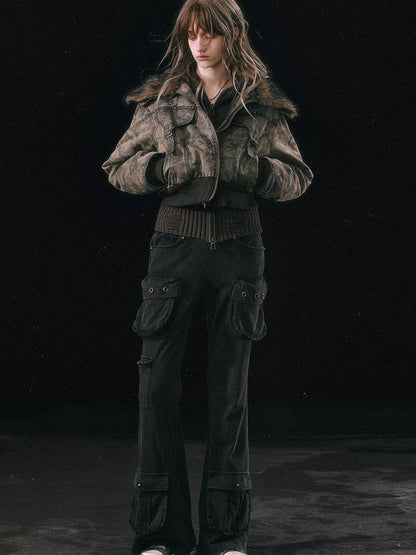 Military Knit Cargo Pants With Wide Waistband