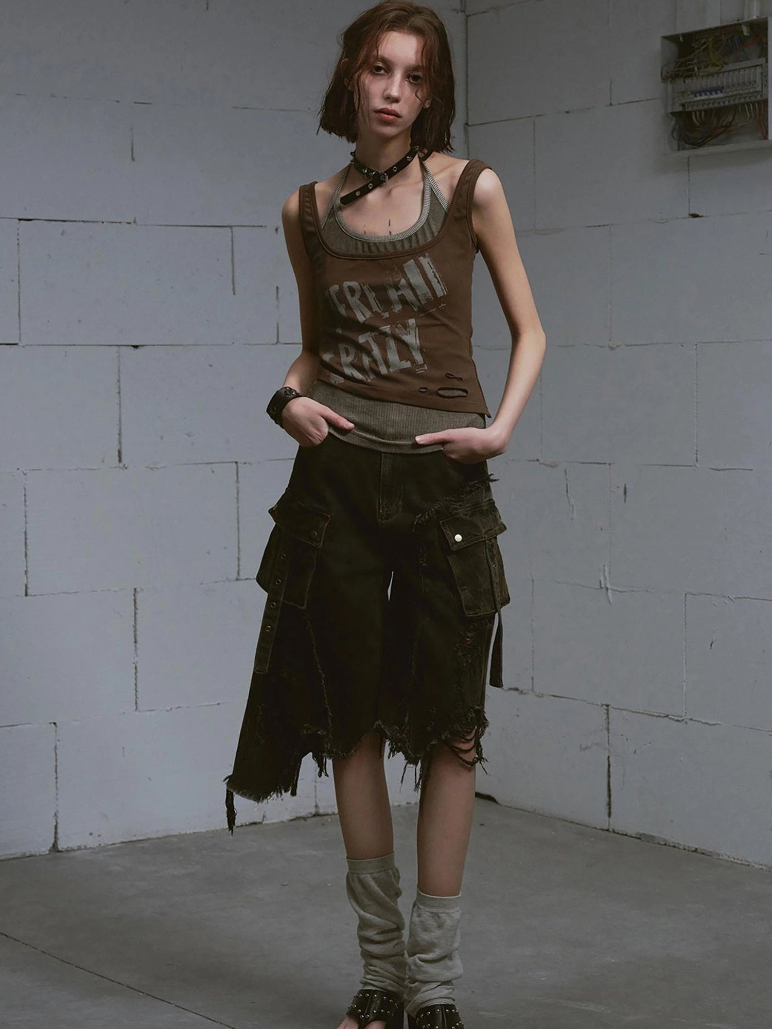 Mud Dyed Grunge Denim Cropped Shorts With Raw Hem Patchwork