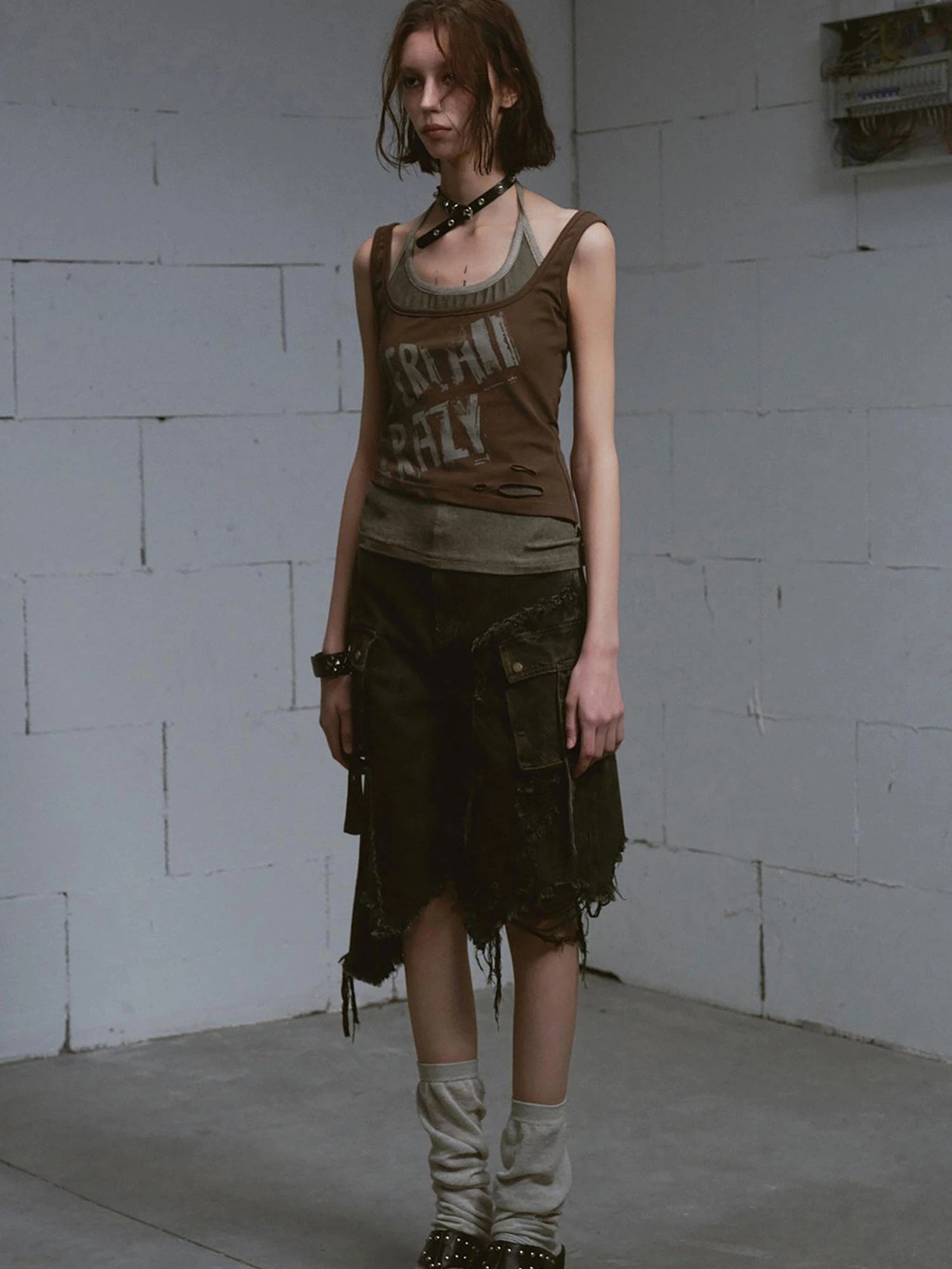 Mud Dyed Grunge Denim Cropped Shorts With Raw Hem Patchwork