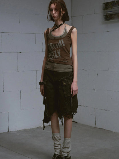 Mud Dyed Grunge Denim Cropped Shorts With Raw Hem Patchwork